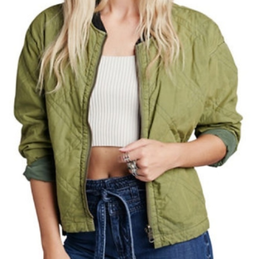Free People Green Linear Quilted Bomber Jacket